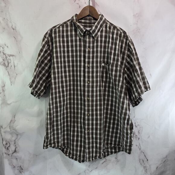 Carhartt Shirt Mens XL Brown White Short Sleeve Button Up Plaid Collared Cotton - Picture 1 of 11